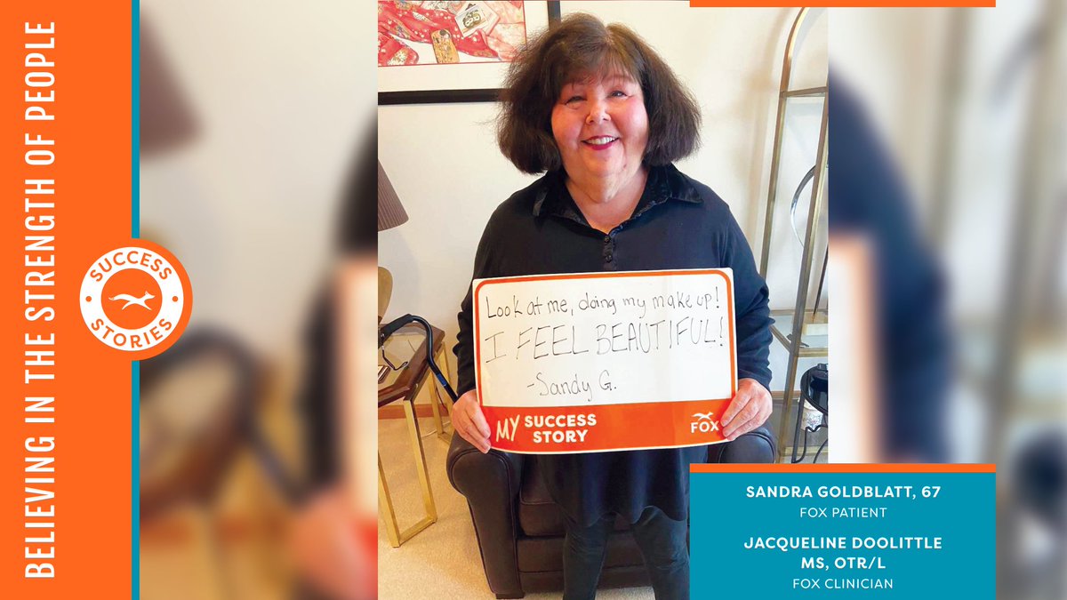 FOXRehab's tweet photo. Sandra Goldblatt, 67 years young, is feeling more confident and beautiful thanks to her FOX clinician, Jacqueline Doolittle, MS, OTR/L.
Thank you to our FOX clinicians for helping older adults feel and look their best!
#FOXfeats #WeAreFOX #FreshFromFOX #OutpatientOnWheels https://t.co/UULNaM4Kwl