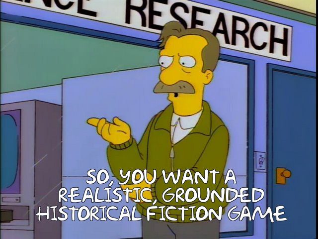 Screenshot from The Simpsons of man leading focus group: "So you want a realistic, grounded historical fiction game..."