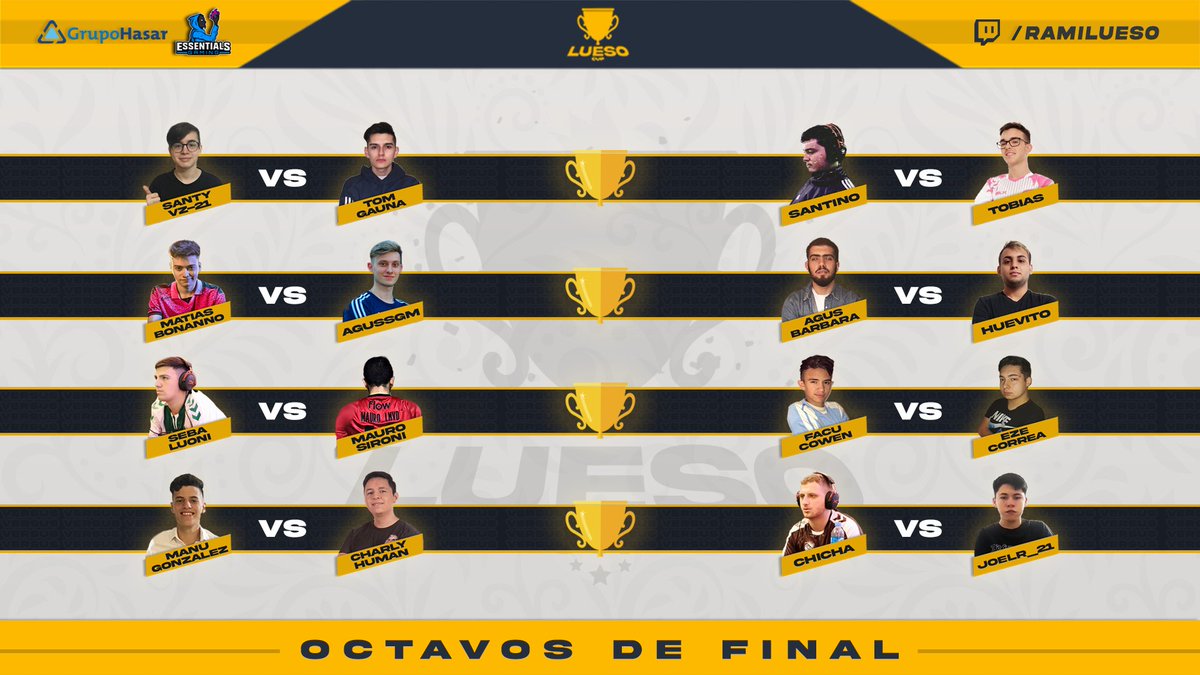 LuesoCup's tweet photo. 😱 OCTAVOS DE FINAL

Así quedaron los cruces de octavos de final. Los esperamos mañana sábado 28 desde las 13.30 (Hora de Argentina) para disfrutar del torneo.

📺 https://t.co/JoU8xnF1ro

#LUESOCUP 🏆 https://t.co/AzSMDypO0A