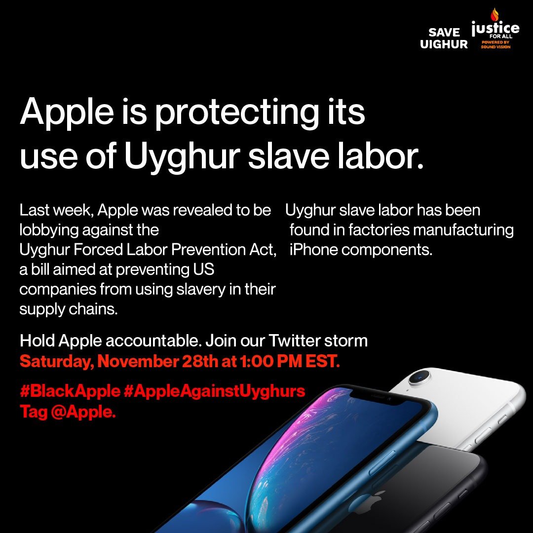 aydinanwar_'s tweet image. Join this twitter storm tomorrow at 1pm EST to call on @apple to stop supporting Uyghur forced labor. Just make a few tweets showing your concern with the hashtags #BlackApple and #AppleAgainstUyghurs