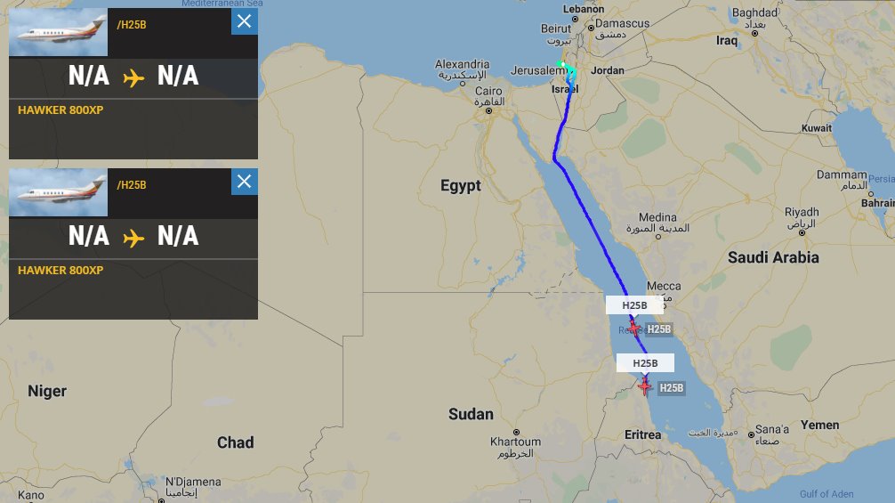 AircraftSpots's tweet photo. Quite a bit of chatter in the OSINT community regarding these Two Hawker 800XPs registered to Arrow Aviation of #Israel, which are currently heading south over the Red Sea. Both aircraft #4XCUZ & #4XCUT are en route to Djibouti-Ambouli Airport in #Djibouti. https://t.co/29uf0oshhA