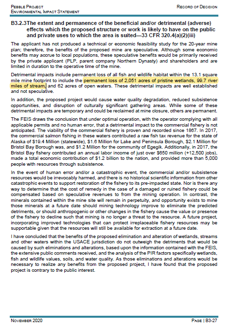 In this case it came down to the government's public interest determination. Have a look at this concluding page. The language used by the Army Corp of Engineers here subtly reflects an epic victory of the opposition movement lobby against this project.