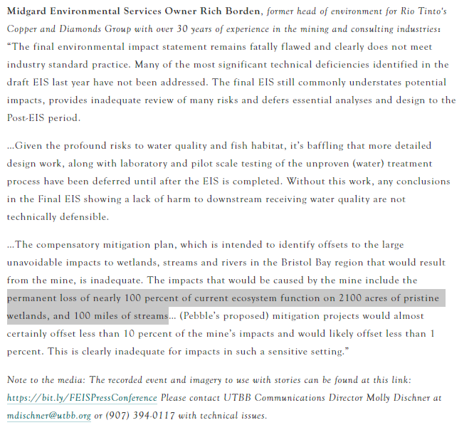 The phrases "permanent loss" of "pristine wetlands" are hardly the prose of an objective regulator. These phrases are actually verbatim phrases copied from recent environmental NGOs documentation/propaganda. Seriously, this is a smoking gun with prints.  http://www.utbb.org/blog/2020/7/27/final-eis-is-fatally-flawed-pebble-still-too-risky-for-bristol-bay