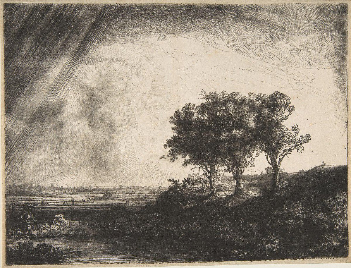 Rembrandt Harmenszoon van Rijn, Three Trees. Etching, drypoint, and engraving on laid paper, 1643