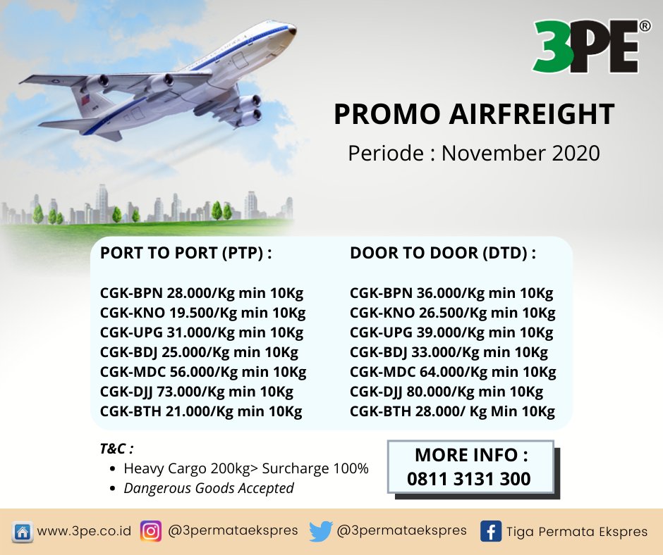 3permataekspres's tweet photo. Jangan lewatkan promo ini karena bulan November segera berakhir. Min 10 Kg, Origin CGK. Segera hubungi kami di nomor 08113131300 untuk informasi lebih lanjut - https://t.co/MXTIO0jMz6.
#jasapengiriman #kirimbarang #jasaekspedisi #cargo #airfreight #pengirimanbarang https://t.co/mCm38NY8MF