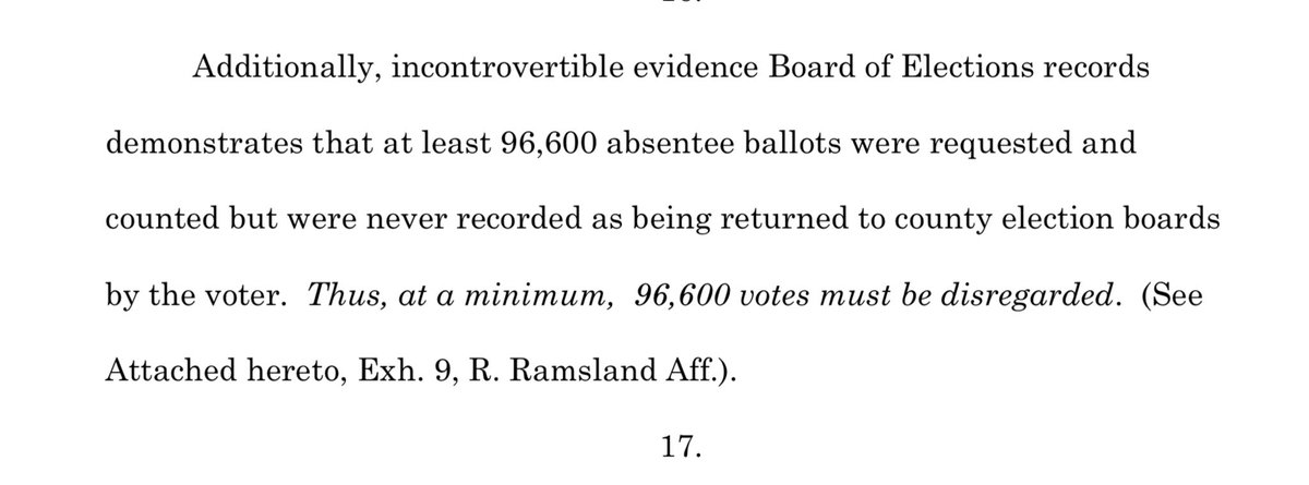 96,000 absentee ballots were requested and counted but never recorded as being returned by the voter. So, at a minimum, 96,000 votes must be disregarded.