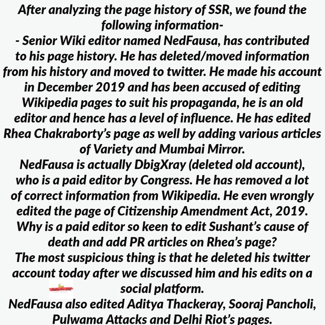 This is a big controversy Wiki Editor NedFausa edited SSR, Parambir Singh, Rhea, AT & Sooraj Pancholi’s page. Cyphoidbomb also kept changing reason of death 2 suicide despite ongoing investigation. #KolkataRoars4SSR  @nilotpalm3  @iujjawaltrivedi  @belikevinayak  @SSRian2107
