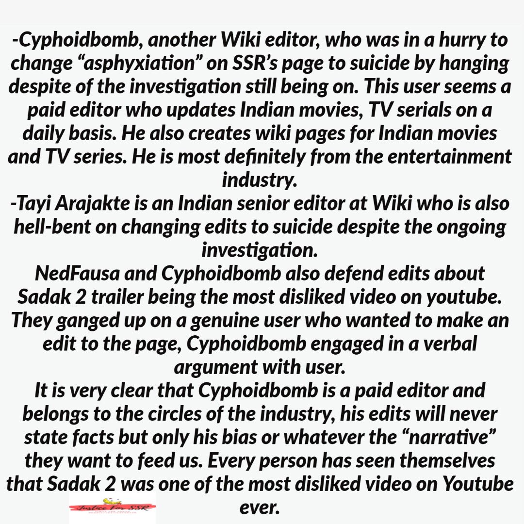 This is a big controversy Wiki Editor NedFausa edited SSR, Parambir Singh, Rhea, AT & Sooraj Pancholi’s page. Cyphoidbomb also kept changing reason of death 2 suicide despite ongoing investigation. #KolkataRoars4SSR  @nilotpalm3  @iujjawaltrivedi  @belikevinayak  @SSRian2107