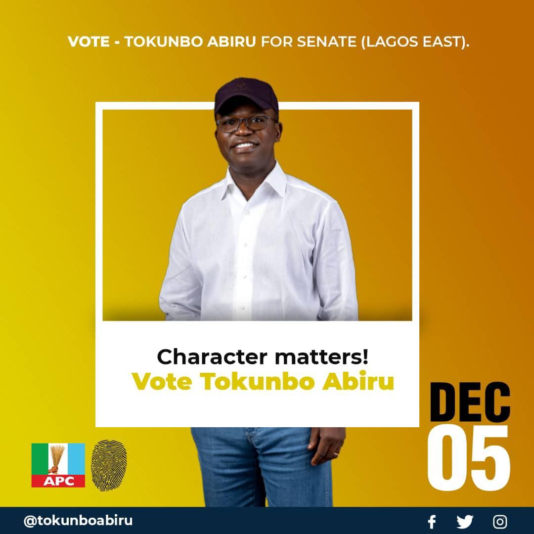 TokunboAbiru's tweet photo. I will not be the leader that condemns you when you air your concerns. I will listen, I will act and I will selflessly serve the people of Lagos East and Nigeria at large.
I am counting on your vote and support.
#charactermatters
#LagosEast
#TA
#TokunboAbiru4Senate
#Dec052020 https://t.co/JFOD4ktzMQ