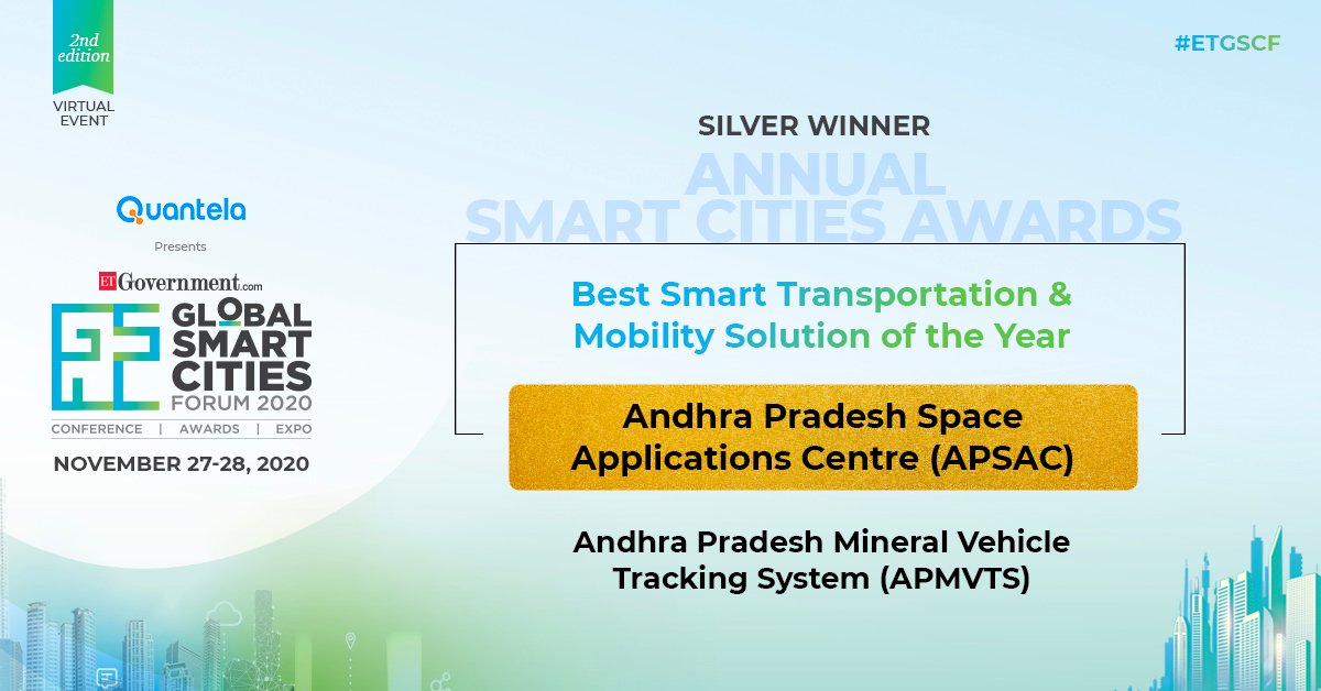 ET_Government's tweet photo. #ETGSCF:  Congratulation to #AndhraPradeshSpaceApplicationsCentre Silver Winner in Best #SmartTransportation &amp; #MobilitySolution of the Year at #GlobalSmartCitiesForumAwards2020

@ET_Government https://t.co/7mtjcj62KT
