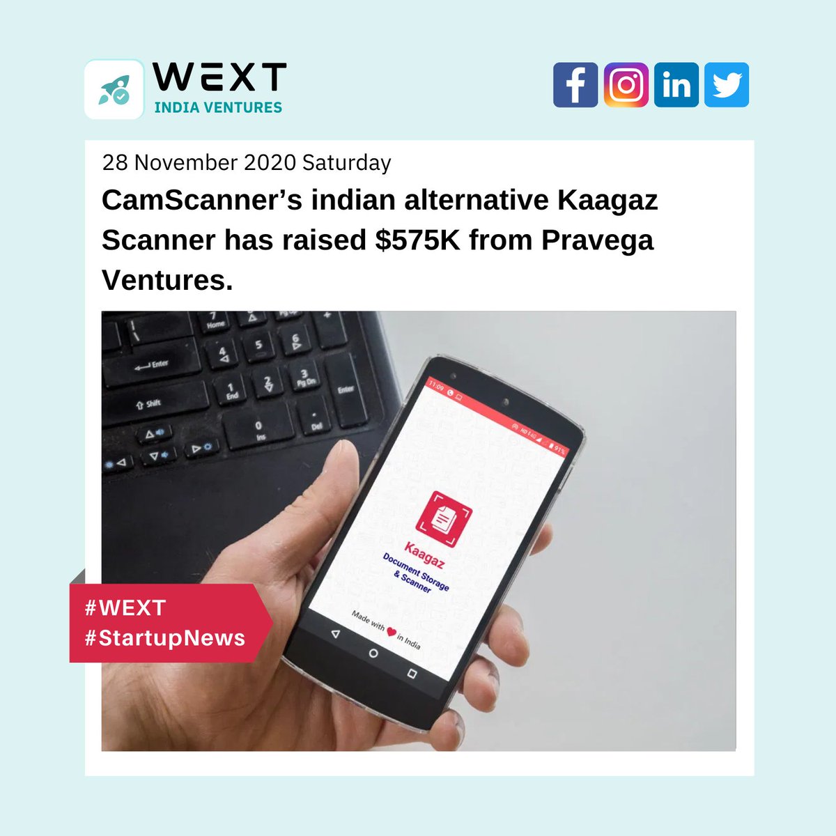 WEXTinVentures's tweet photo. Indian #documentscanning & #storageapp #KaagazScanner has raised $575K in a seed funding round led by #PravegaVentures.
Good luck @KaagazS
#Startup #StartupIndia #StartupNews #IndianDocumentScanning #FundsAlert #WEXT #WEXTCommunity #WEXTVentures #Community https://t.co/bgRlnQdpRh