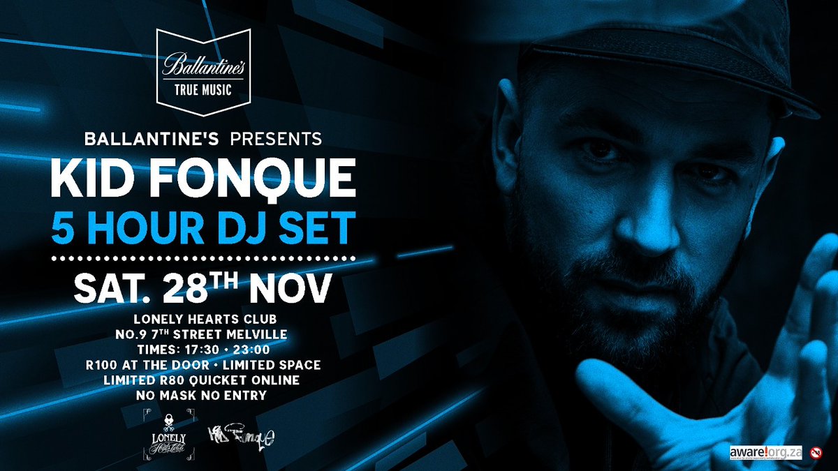 LonelyMelville's tweet photo. TODAY: Kid Fonque 5 Hour DJ Set!!! โ ๏ธ
R100 at the door. R80 on Quicket ๐๐พ https://t.co/uAe4M4am9y
#LonelyWeekends
#LonelyHeartsClubMelville
#LonelyTogether https://t.co/VexrYg7d1f