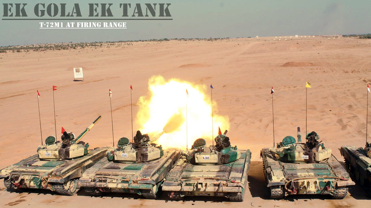 Kunal_Biswas707's tweet photo. Here's a snap of #IndianArmy T-72M1 lined up at #firingrange,taking shots 'EK GOLA EK TANK !',T-72M1 forms backbone of #IndianArmy &amp; with new upgrades from #ALPHATECHNOLOGY &amp; #CVRDE it's more efficient &amp; deadly than T-90 Bhishma in #IndianArmy. https://t.co/8x8W2Jc80a