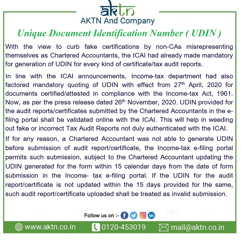 Aktnandcompany's tweet photo. CBDT to validate Unique Document Identification Number (UDIN) generated from ICAI portal at the time of upload of Tax Audit Reports.
#CBDT #notification #UDIN #TaxTwitter #aktnupdates https://t.co/JSxaQ2XTt2