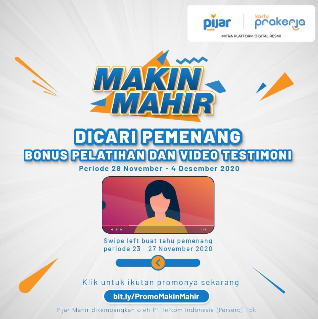 Pijarmahir's tweet photo. Sobat Mahir, Masih ada kesempatan kamu buat ikutan Makin Mahir dan dapeton hadiah #BonusPelatihan, saldo LinkAja Rp 300.000 dari #VideoTestimoni, dan #VoucherPromo Rp 350.000 dari tanggal 28 November - 4 Desember 2020 dengan klik https://t.co/NrNjku4hyZ!
#PijarMahir #MakinMahir https://t.co/l3wFddiG2V