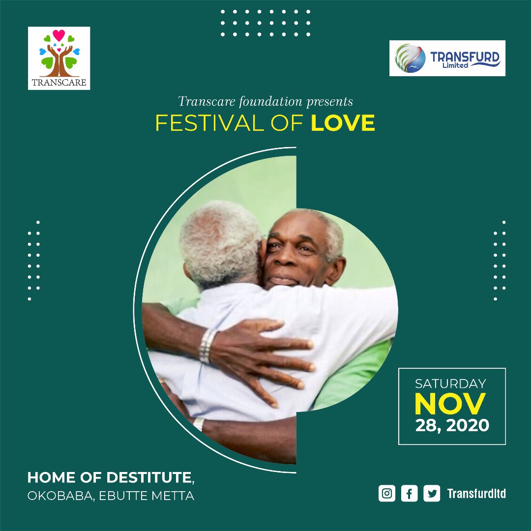 FESTIVAL OF LOVE ❤️❤️
____
D-Day!💃

—-
Join us today to put smiles on the faces of the elderly in the community of Okobaba! 👨🏽‍🦳👵🏽

Venue- Okobaba, Ebutte Metta, Lagos.

Time- 10am Prompt

We look forward to seeing you there!

#Transcarefoundation #Festivaloflove #Transfurdltd