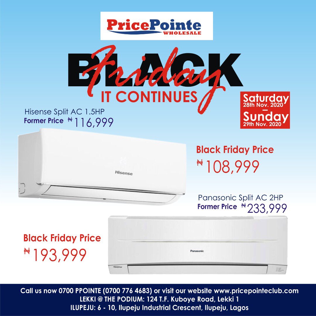 PricePointeClub's tweet photo. If you missed Friday sales, catch us at our locations on Saturday 28th and Sunday 29th November 2020. Deals season continues!!!

Visit us at:
Lekki: The Podium, 124 T. F Kuboye Road. Lekki Oniru
Ilupeju: 6 - 10 Ilupeju Industrial Crescent. Ilupeju https://t.co/eciRySqxtj