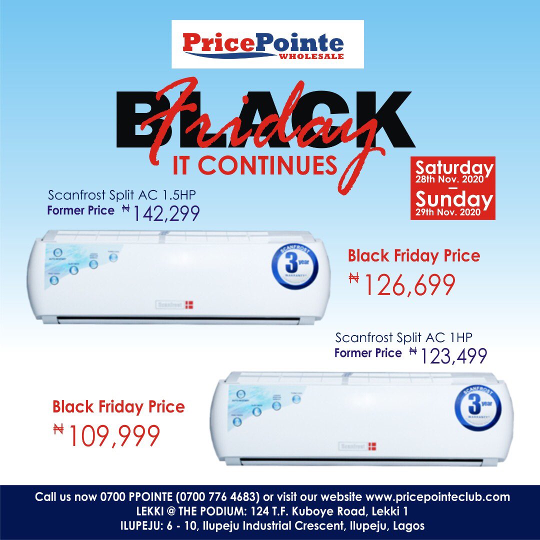 PricePointeClub's tweet photo. If you missed Friday sales, catch us at our locations on Saturday 28th and Sunday 29th November 2020. Deals season continues!!!

Visit us at:
Lekki: The Podium, 124 T. F Kuboye Road. Lekki Oniru
Ilupeju: 6 - 10 Ilupeju Industrial Crescent. Ilupeju https://t.co/eciRySqxtj
