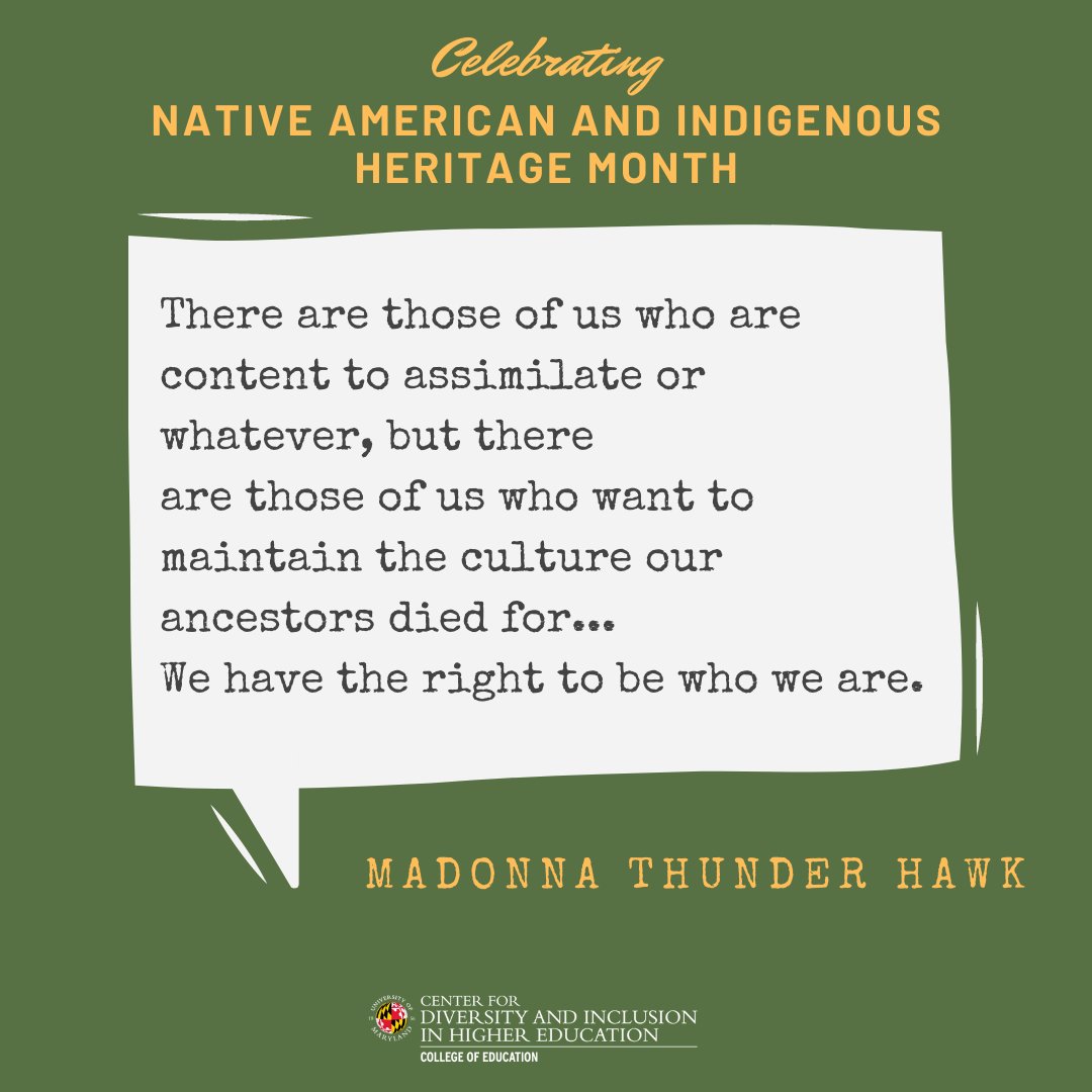 UMDcdihe's tweet photo. CDIHE Celebrates Native American Indigenous Heritage Month by centering Native voices. Madonna Thunder Hawk is a Native American civil rights activist and leader in the American Indian Movement. Learn more here https://t.co/vInk70YH6L
#NativeAmericanHeritageDay #CDIHE https://t.co/bD9bErixjn