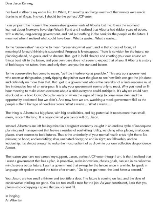 ElkeBabiuk's tweet photo. 1) Awesome letter from Reddit addressed to Jason Kenney that I lifted from Facebook. It's also about Conservatism.

"You, Jason, are too small a thinker and too little a doer. The future is coming on fast, and the days of conservative thinking are gone.

#ableg #cdnpoli https://t.co/2SzG1Hoa6x