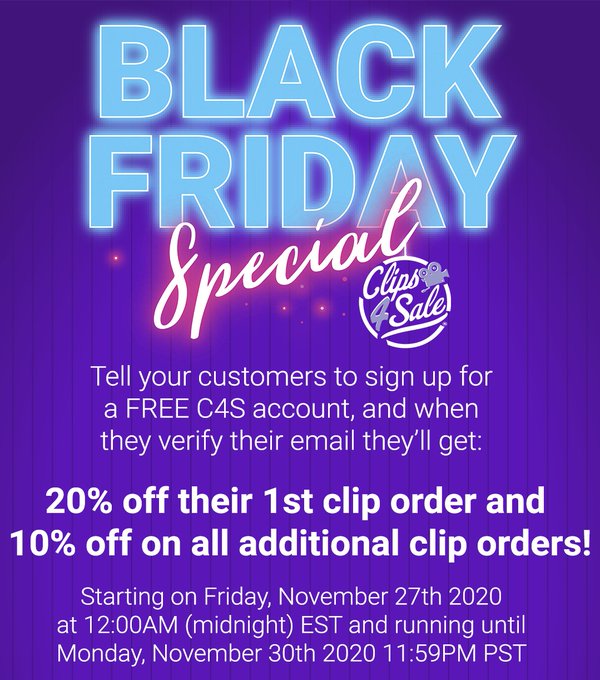 #Clips4Sale runs New #PROMO NOV 27th - NOV 30th 1.SignUp 4 Free @ https://t.co/vZsXJaYwLB 2.Verify your<a href="/tag/clips4sale"class="tags">#Clips4Sale</a><a href="/tag/promo"class="tags">#PROMO</a><a href="/tag/deals"class="tags"><span>#deals</span></a><a href="/tag/clips"class="tags"><span>#clips</span></a><a href="/tag/blackfriday"class="tags"><span>#blackfriday</span></a>