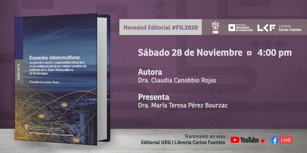 Mañana 28/11 a las 4 pm presentaremos 4 novedades para la #FIL2020 derivadas de los destacados trabajos de investigación de los doctor@s Claudia Cannobio, Omar Estrada, Ana Larrañaga y Pablo Sandoval.
Organizan el evento <a href="/CUAAD_UdeG/">CUAAD_UdeG</a>, <a href="/editorialUDG/">Editorial UDG</a> y <a href="/libreriacf/">Librería Carlos Fuentes</a>.