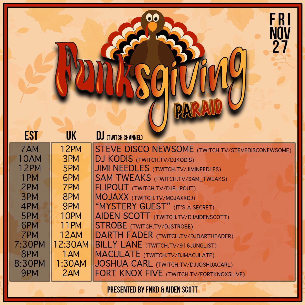 aidenscott's tweet photo. The last stop on the #FUNKsgiving paRAID is here!  The legendary @FortKnoxFive at https://t.co/YjkORTPDZO https://t.co/ojtOsxFQ7g
