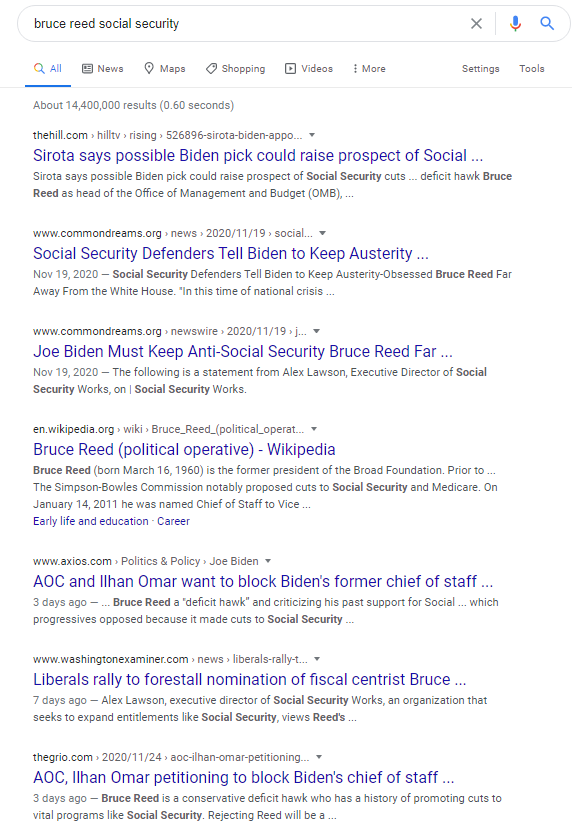 Here's what the results are for: bruce reed social securityIt's far left & right-wing sources fearmongering. The sources for Biden wanting to cut these programs is this Social Security Works PAC, which they list here.Why do they keep using the word 'austerity' over & over??