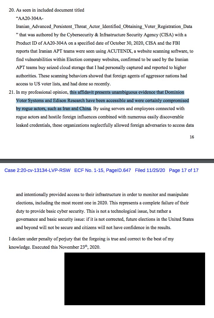 3/"This affidavit presents unambiguous evidence that  #Dominion Voter Systems &  #EdisonResearch have been accessible & were certainly compromisedby rogue actors, such as Iran and China."It's OVER EVERYONE!FULL CRIMINAL FORENSIC NATIONAL INVESTIGATION MUST BE DONE. #TRUMP WON