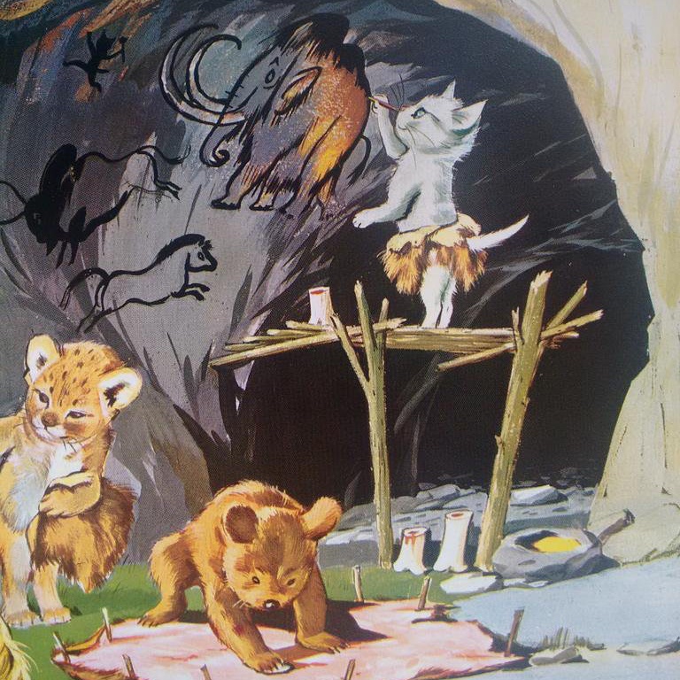 All this occurs while the cat (also wearing fur) works on a cave painting.