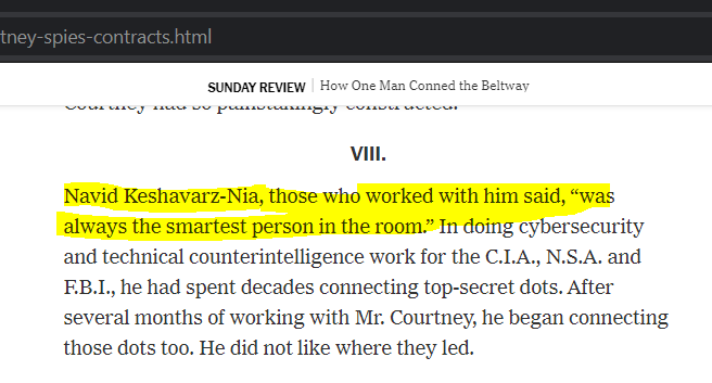 ADDENDUMThe Affiant in #19 (Dr. Navid Keshavarz-Nia) was actually mentioned in an article earlier this year published by the NY Times (a former newspaper). According to the article, those who worked with Dr. Keshavarz-Nia said he "was always the smartest person in the room"