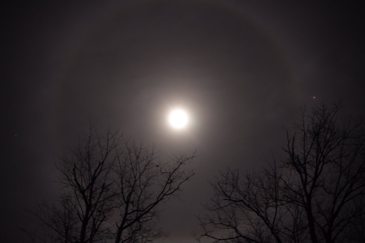 Beautiful 22° lunar halo, with Mars to the right