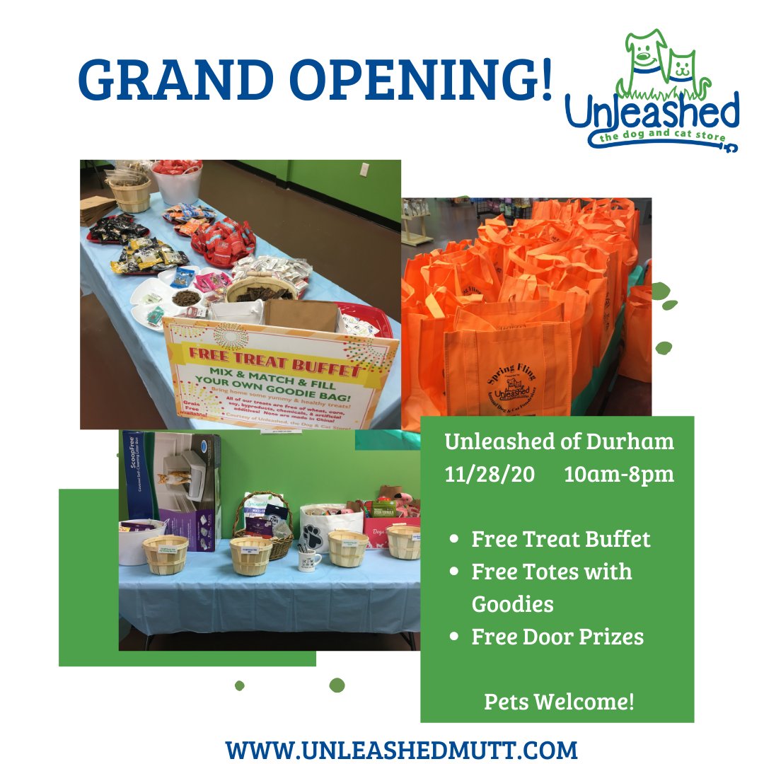 UnleashedDurham's tweet photo. We are ready and hope to see you tomorrow for our Unleashed of Durham Grand Opening!!  

🦴FREE Treat Buffet! 

👜FREE Tote Bag full of goodies! 

🎫FREE Door Prize Ticket to enter to win one of 4 awesome baskets!  

Plus, our Small Business Saturday Deals! 

Nov 28, 2020
10-8 https://t.co/XxwnvGnr5m