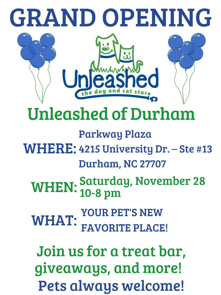 UnleashedDurham's tweet photo. We are ready and hope to see you tomorrow for our Unleashed of Durham Grand Opening!!  

🦴FREE Treat Buffet! 

👜FREE Tote Bag full of goodies! 

🎫FREE Door Prize Ticket to enter to win one of 4 awesome baskets!  

Plus, our Small Business Saturday Deals! 

Nov 28, 2020
10-8 https://t.co/XxwnvGnr5m