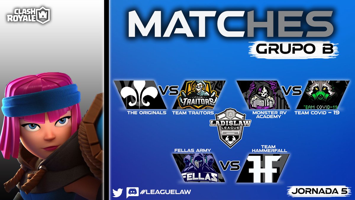 #ClashRoyale  | 🔥 MATCHES 🔥

 🔰| Fase de Grupos / Jornada 5

🤼| GRUPO B

🤺| @SoulsHuntersGG 🆚<a href="/TTraitorsCR/">🤡𝓣𝓮𝓪𝓶 𝓣𝓻𝓪𝓲𝓽𝓸𝓻𝓼 🤡</a>
🤺| @ACADEMYMRV  🆚@teamcovid191 
🤺| @FellasArmy 🆚@HammerfallCR

#Leaguelaw