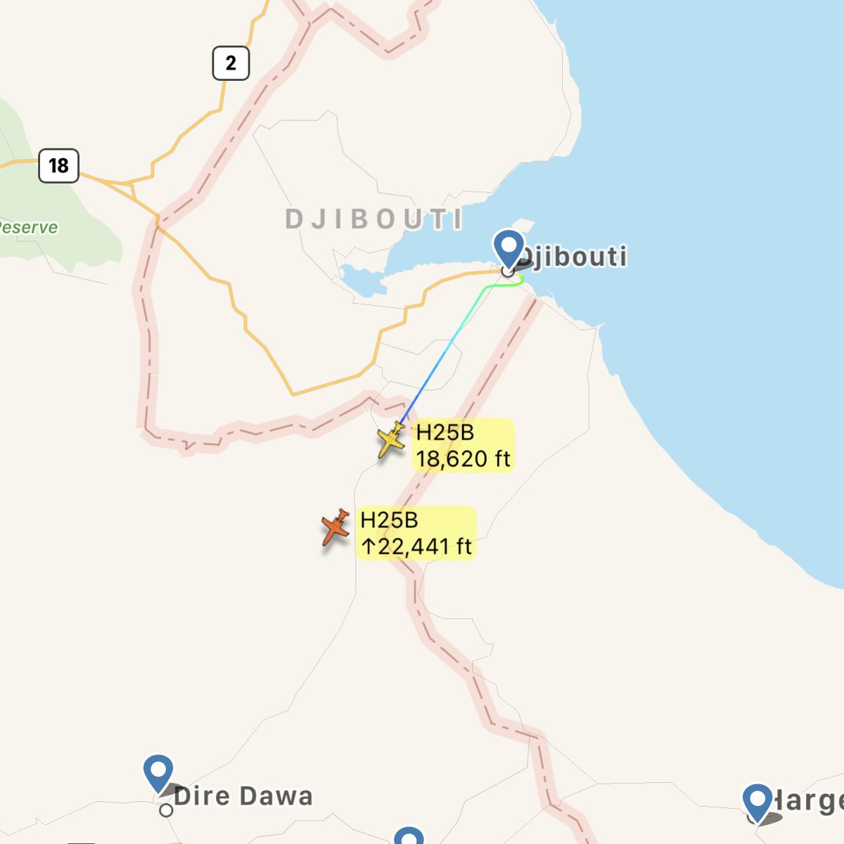 AircraftSpots's tweet photo. The two #Israel based, Arrow Aviation Hawker 800XPs #4XCUZ & #4XCUT made a quick fuel stop in #Djibouti, both have now departed heading southwest. Very Interesting. ๐ค https://t.co/LUYrErh1zC