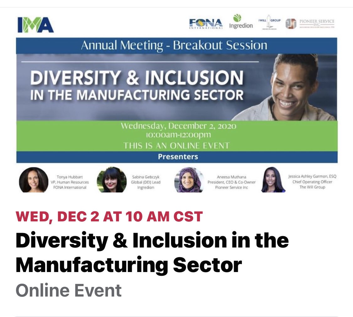 Aneesa Muthana (@aneesamuthana) on Twitter photo Looking forward to sharing my thoughts on diversity and inclusion at the <a href="/IMA_Today/">Illinois Manufacturers' Association (IMA)</a>
#diversityandinclusion #equalityforall #manufacturing #ILmanufacturing #conference Looking forward to sharing my thoughts on diversity and inclusion at the <a href="/IMA_Today/">Illinois Manufacturers' Association (IMA)</a>
#diversityandinclusion #equalityforall #manufacturing #ILmanufacturing #conference