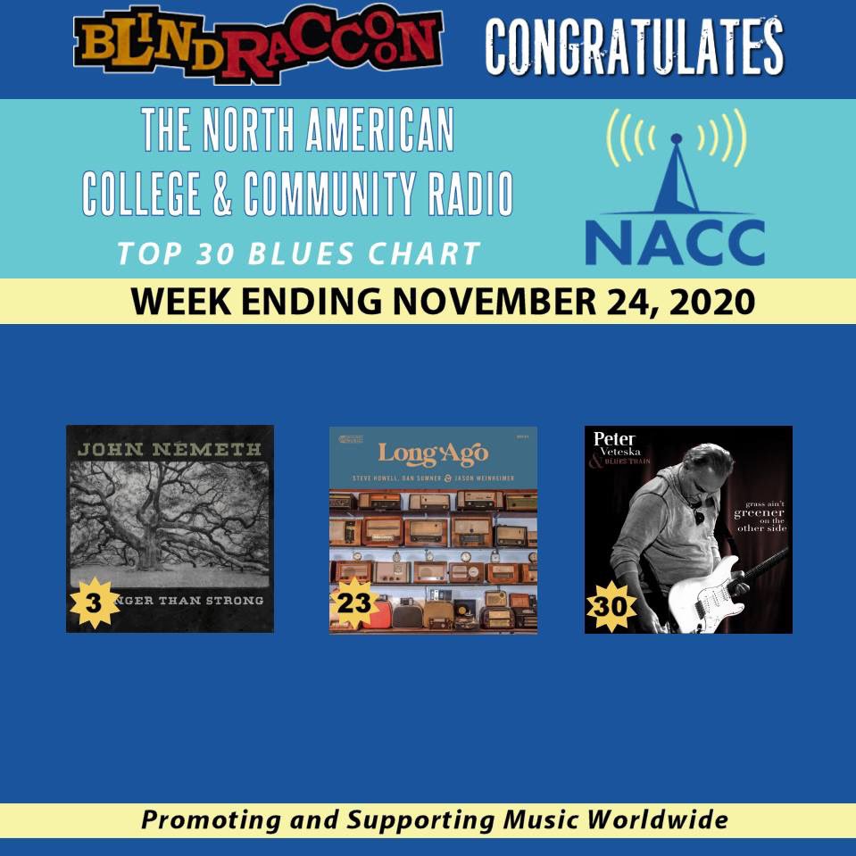 BlindRaccoon9's tweet photo. 🎉CONGRATULATIONS to the Blind Raccoon artists appearing on the NACC Chart🔹Top 30 Blues Chart🔹for the week ending November 24, 2020!
@NemethMusic #stevehowell #peterveteska https://t.co/d87K0XyH5W