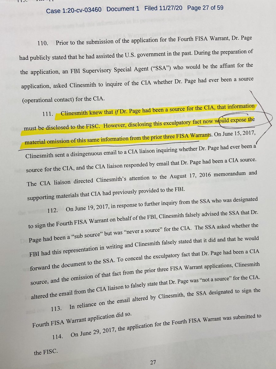Lawsuit suggests/alleges FISA used to capture broad universe of "campaign" communications which can be achieved through the so-called "double hop" Page 27 Page legal team says former FBI lawyer Clinesmith (pleaded guilty Aug 2020) doctored CIA email in mid-2017 about Page's work
