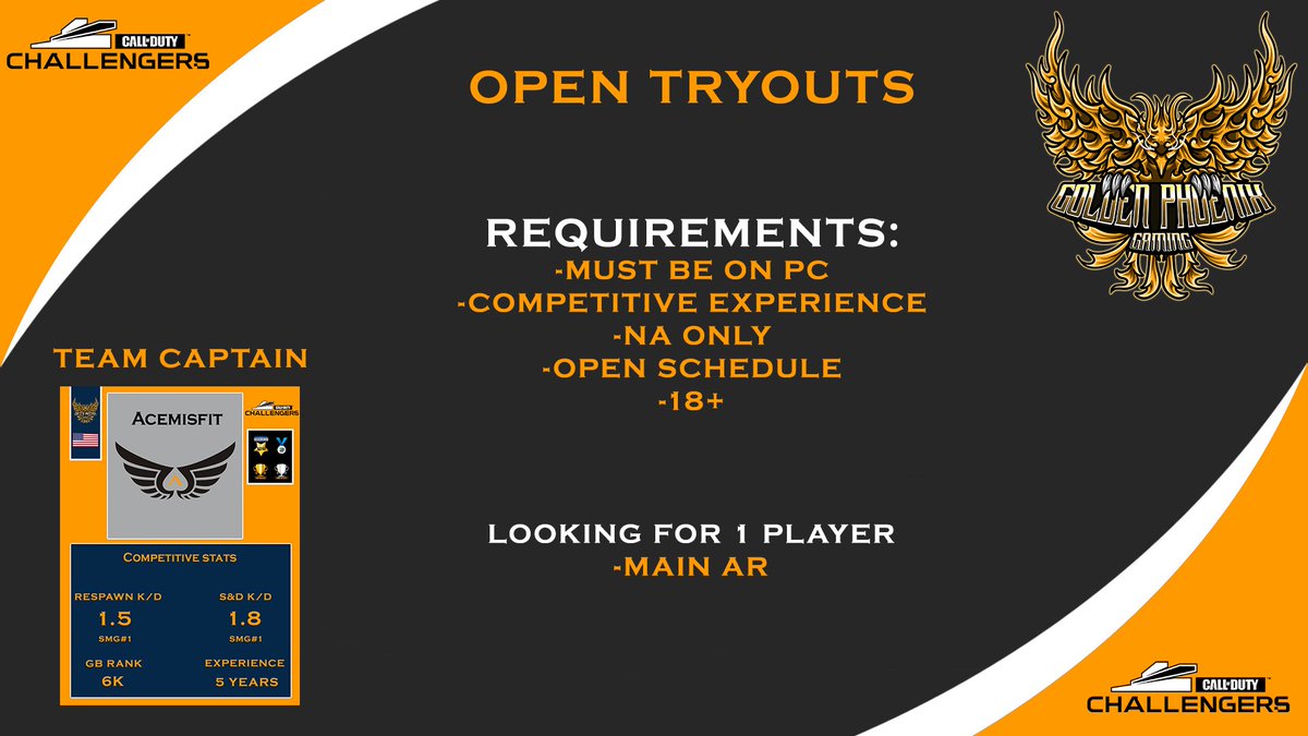 Acemisfitx's tweet image. To3 looking for 1 Main AR Player for CDL Challengers League. Open tryouts resume tonight at 11pm EST. DM for a tryout spot. Fully backed by 
@GoldenPhoenixG1
@CoDFAs @CoDRT24_7 @ColdWarRTs @CODFinder @Rapid_RTs @BlazedRTs @Pulse_Rts @CODReTweeters
@ScrimFinder @CoDFreeAgentss