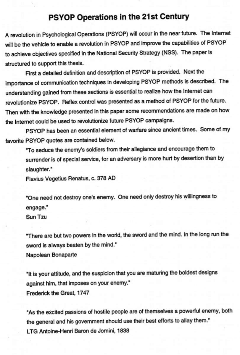 PSYOP Operations In The 21st CenturyDefinition and Description of PSYOP 4-10-200History you will not learn in school38 page pdf:  https://www.theblackvault.com/documents/ADA378002.pdf