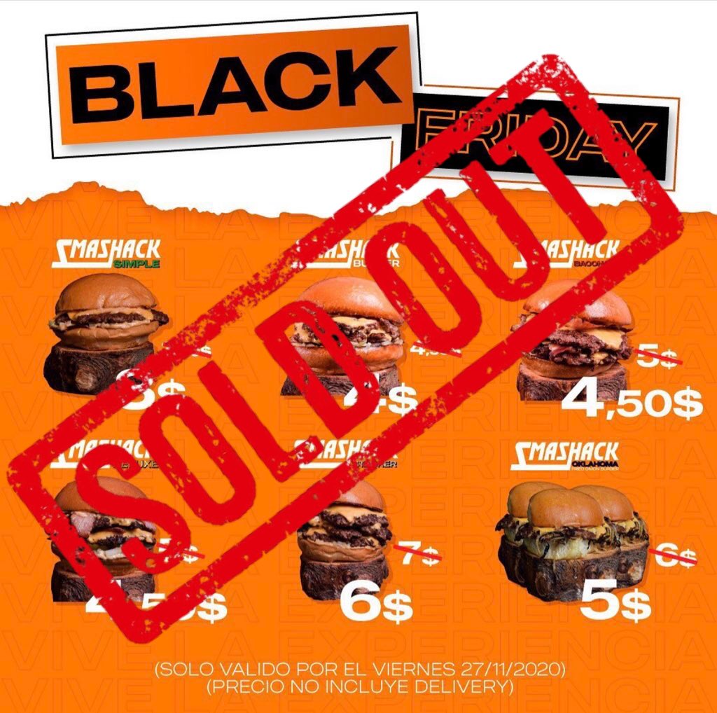 ¡RÉCORD! 🥴🖤

Hemos vendido al menos 402 Smashack este viernes. ⚠️

Duplicamos el récord anterior, queremos dar las gracias a todos los que pidieron en este Black Friday. De igual forma ofrecemos disculpas por todos los inconvenientes para pedir. ¡SOLD OUT! 🍔🧡

#SomosSmashack