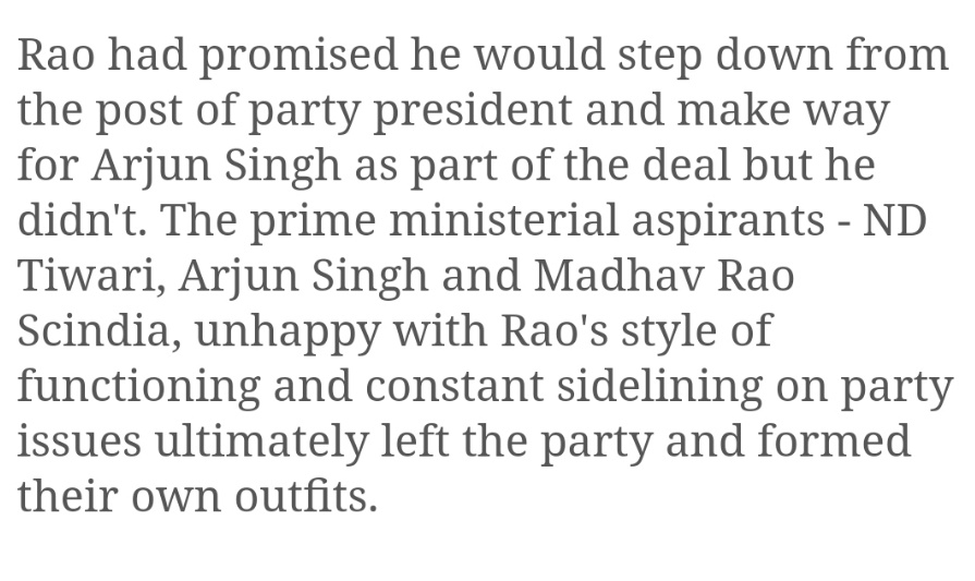 But Rao, didn't step down frm the position of the Party President and this started an internal tussle between then senior Congress leaders & they all formed regional parties. There are two reasons for it, one they were against Rao & 2nd they wanted to get minority votes post 1992