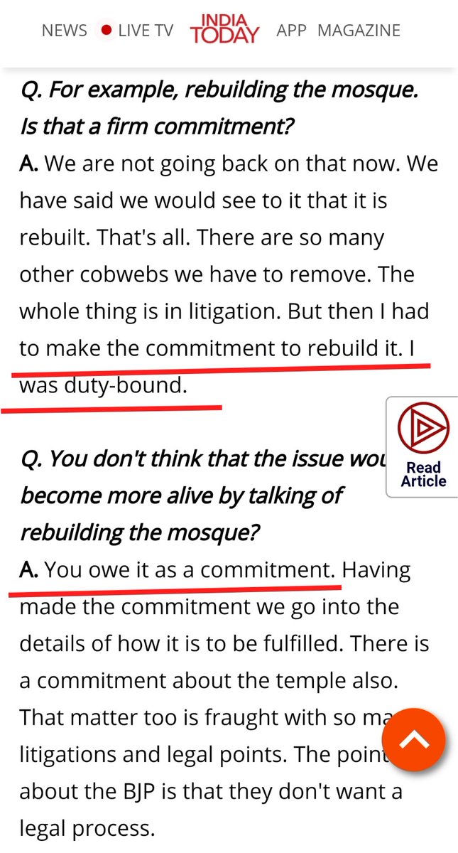 In an interview in 1993, PVNR said that he was committed to rebuild the mosque & it will fulfill it at any cost. He never said anything in favour of Ram Mandir. He said BJP can't win this battle legally, he was confident that ruling will be in favour of Mosque.But 2019 