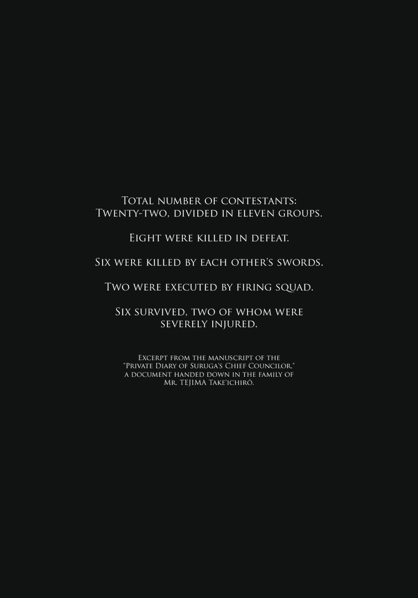 The manga Shigurui is based on the first chapter of the novel Surugajô Gozenjiai from Norio Nanjo (he is a novelist).Surugajô Gozenjiai tell the story of the participants of the historical Supu castle tournament where they had to fight using real swords, with horrible results.