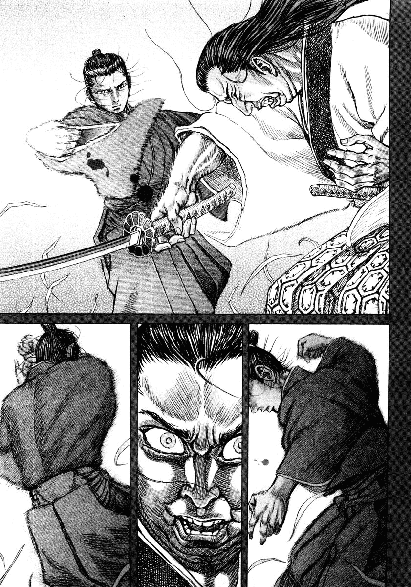 In this page we see that PPS is already hurt in the big panel with Gennosuke focused on him.But instead of retracting his arm, Gennosuke starts to spin.This is shown in 2 panels with minimal changes to slow time, PPS is stuck in a small panel between the two. No time for him.