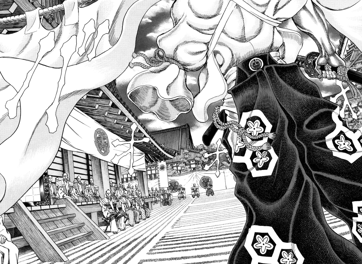 Now let's look at the art! Yamaguchi's drawings are very realistic and detailed, he is capable of drawing realist historical buildings as well as extremely intidimating character avatars or beautiful compositions.