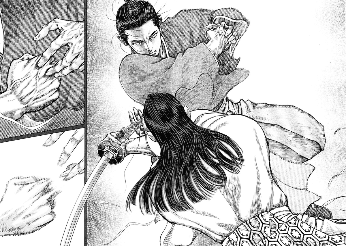 The human body with Yamaguchi is both capable of impossibly strong violence while being as fragile as a real human body (unlike with Boichi).This is enhanced through very good paneling and to understand we'll examine the conclusion of Gennosuke vs a poor pitiable samurai (PPS).