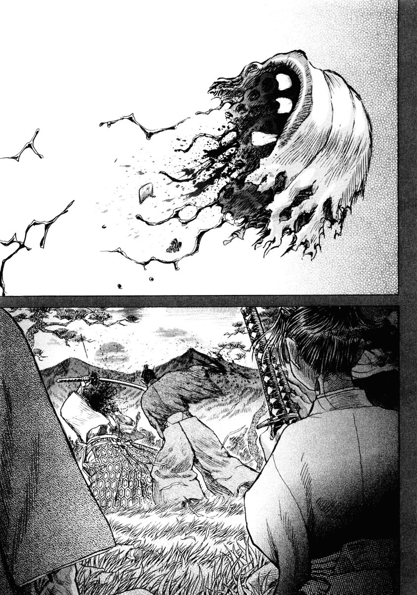 The human body with Yamaguchi is both capable of impossibly strong violence while being as fragile as a real human body (unlike with Boichi).This is enhanced through very good paneling and to understand we'll examine the conclusion of Gennosuke vs a poor pitiable samurai (PPS).
