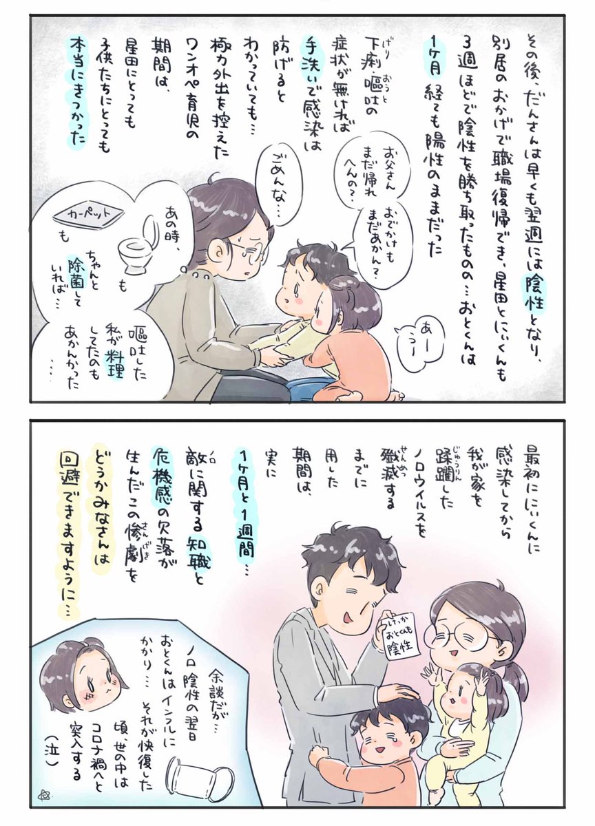 【全滅の我家ー感染性胃腸炎譚ー】
今年もコレが出てくる季節になったので…
#ノロウイルス
対策とかお役立ち情報とか一切無いけど怖いよってこと伝えたいだけの漫画?
#育児漫画 #育児絵日記 #6さい差兄弟日記 